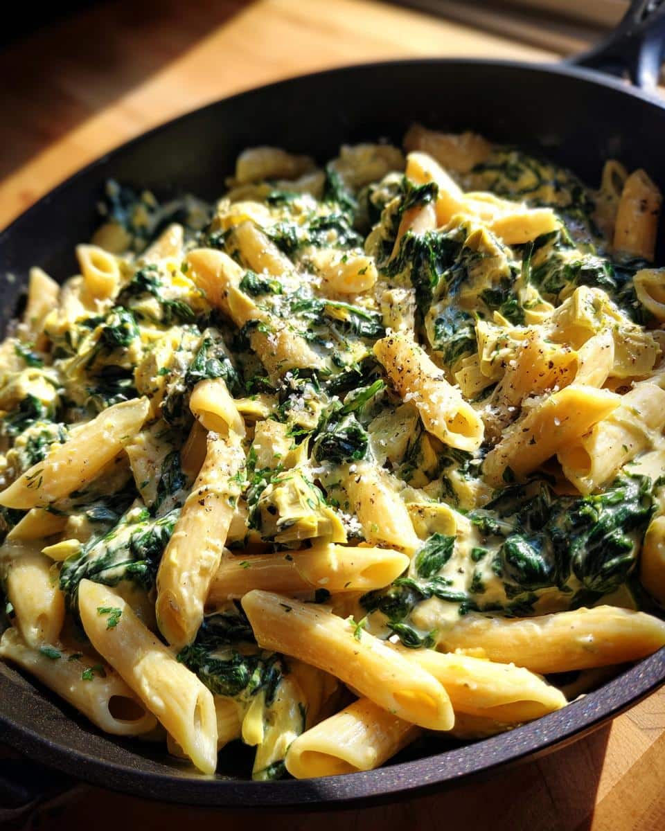 Close-up of creamy One Pot Spinach Artichoke Pasta in a black pan, garnished with fresh herbs and black pepper.
