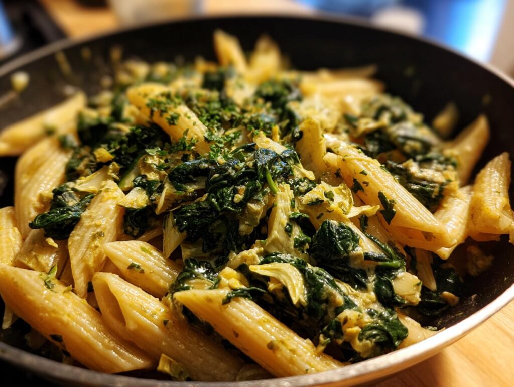 Close-up of creamy One Pot Spinach Artichoke Pasta in a black skillet, garnished with fresh herbs.