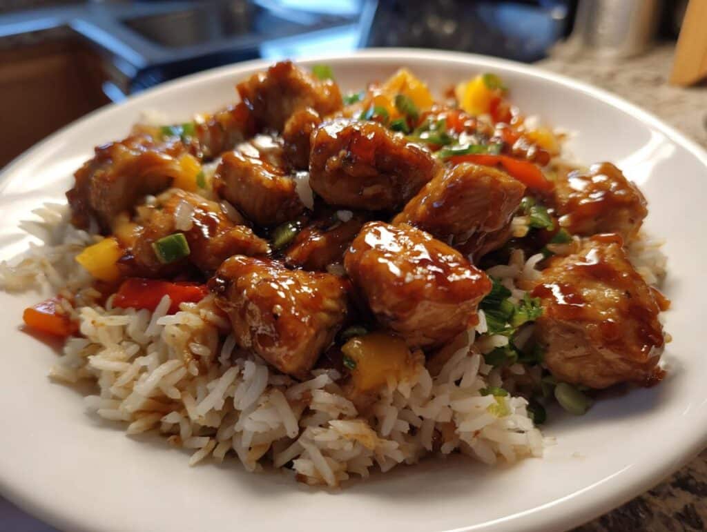 Close-up of a plate of One Pot Teriyaki Chicken Rice, featuring glossy chicken pieces, white rice, and colorful vegetables.