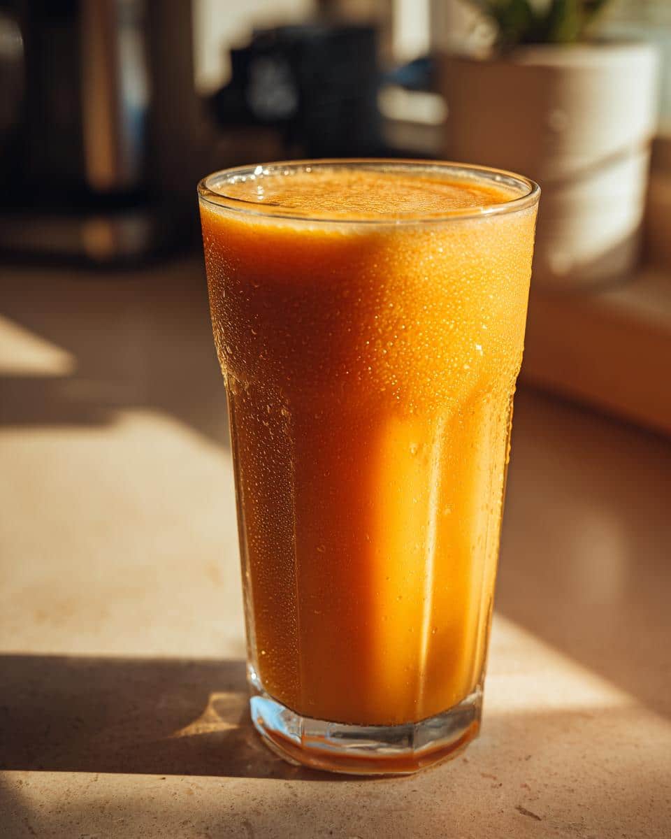 A tall glass filled with a vibrant Orange Sunrise Smoothie, showing condensation on the outside.