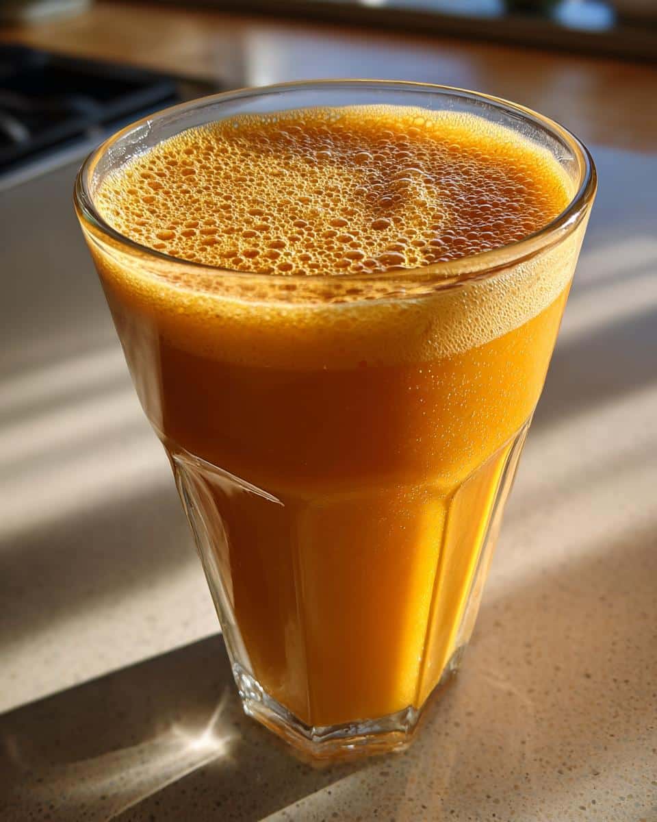 A vibrant Orange Sunrise Smoothie in a tall glass with a foamy top, sitting on a sunlit counter.