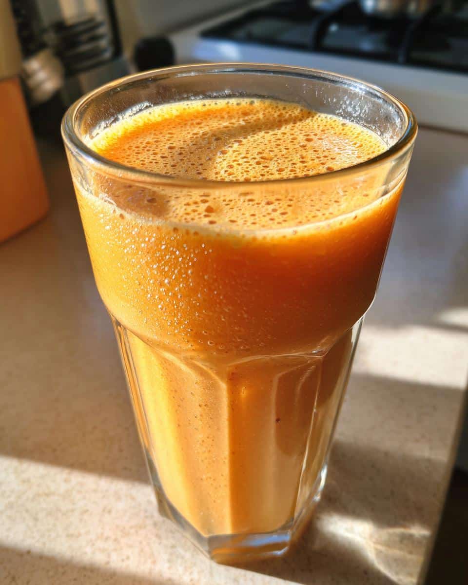 A tall glass filled with a vibrant Orange Sunrise Smoothie, showing a frothy top and rich orange color.