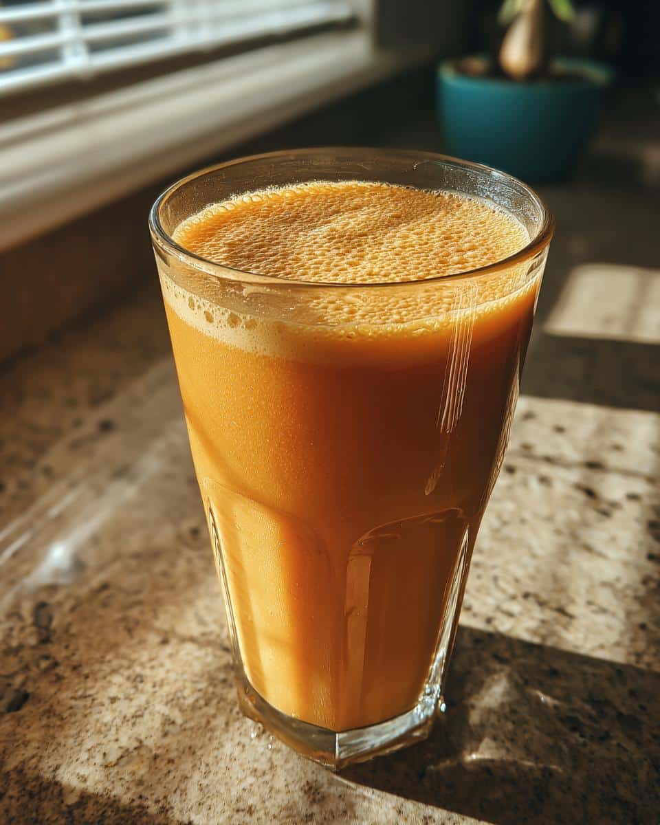 A tall glass filled with a vibrant orange Sunrise Smoothie, sitting on a speckled countertop with sunlight streaming in.