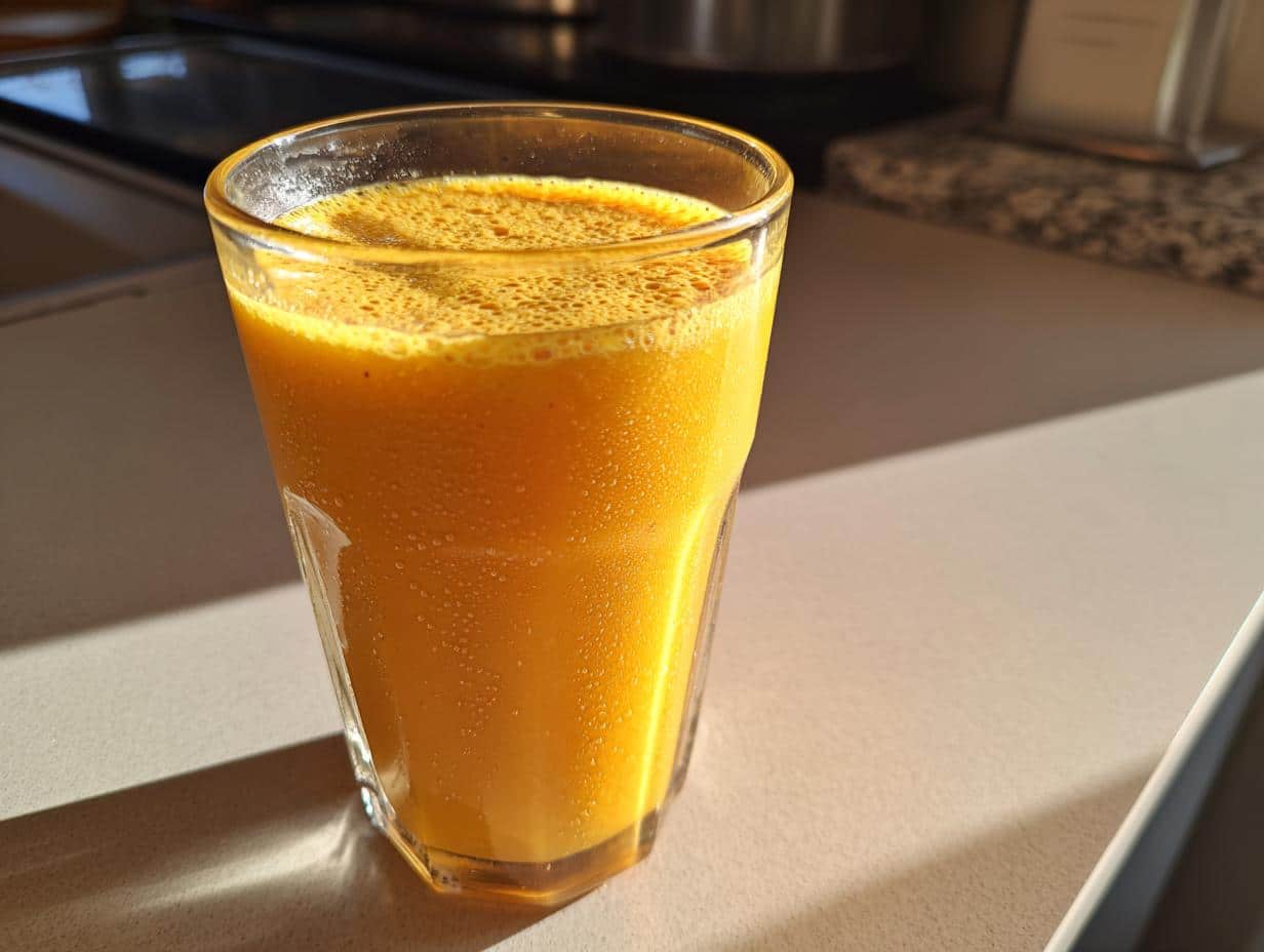 A vibrant Orange Sunrise Smoothie in a clear glass, showing a frothy top and bright orange color, sitting on a counter.