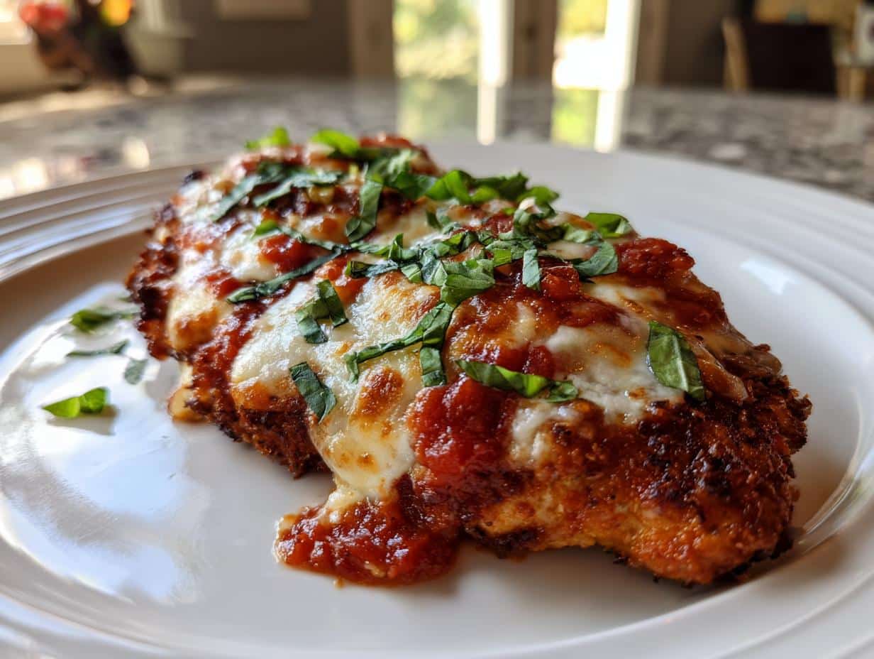 Close-up of a golden-brown Oven Baked Chicken Parmesan topped with melted mozzarella, rich tomato sauce, and fresh basil.