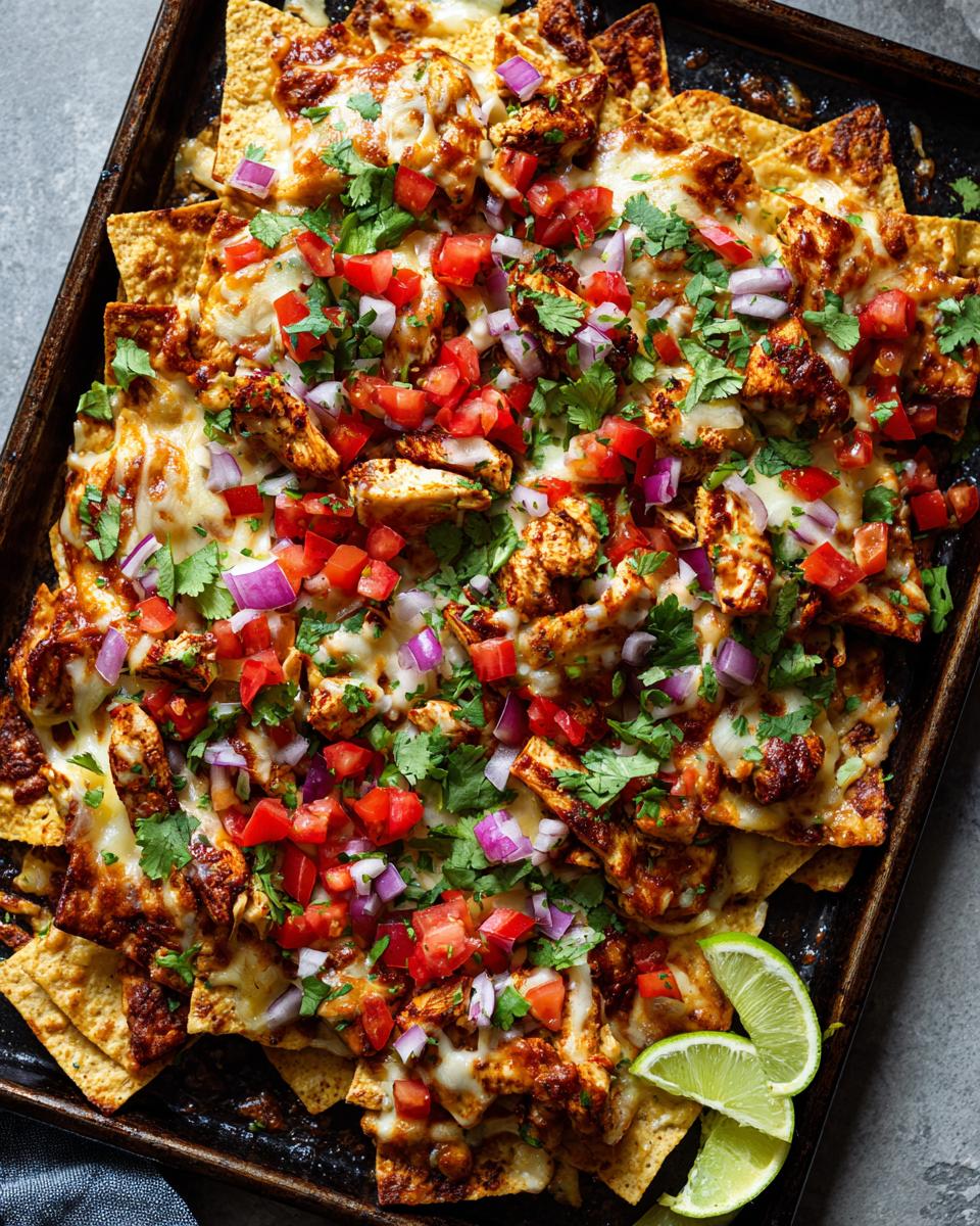 A close-up of a sheet pan filled with golden Oven Baked Fajita Chicken Nachos, topped with melted cheese, diced tomatoes, red onions, and fresh cilantro, with lime wedges on the side.