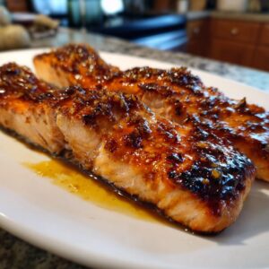 Easy Oven Baked Honey Garlic Salmon Recipe in 30 Minutes 6 Close-up of two glistening fillets of Oven Baked Honey Garlic Salmon on a white plate, with a rich, golden-brown glaze.