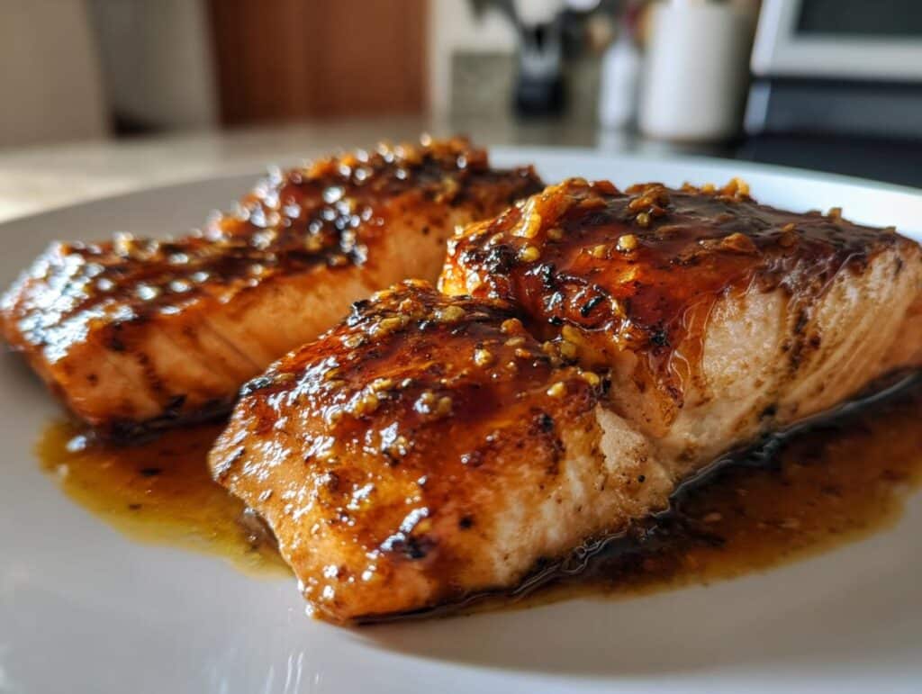 Two succulent fillets of Oven Baked Honey Garlic Salmon on a white plate, glistening with a rich, savory-sweet glaze.