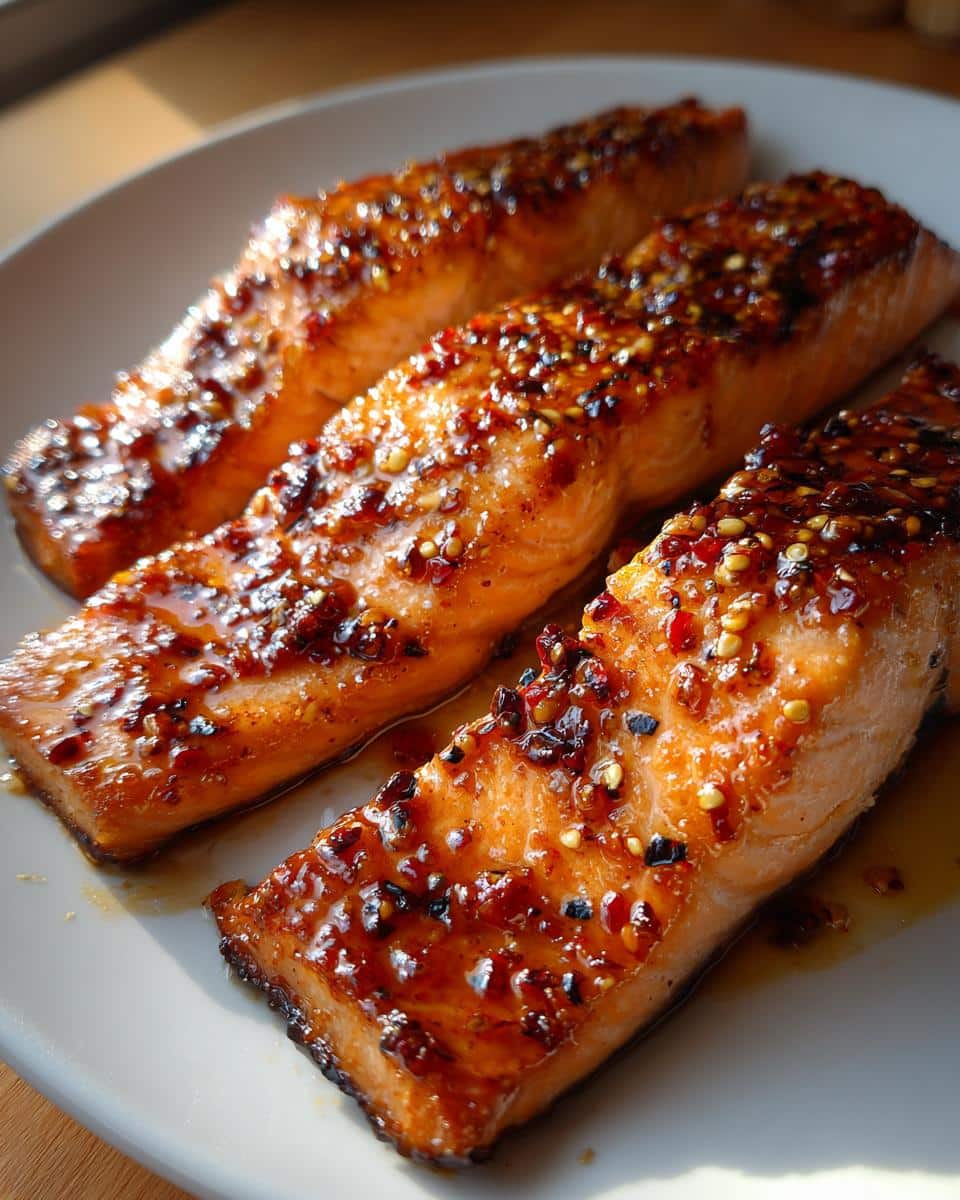 Easy Oven Baked Honey Garlic Salmon Recipe in 30 Minutes 2 Three pieces of glistening Oven Baked Honey Garlic Salmon on a white plate, topped with a sweet and savory glaze.