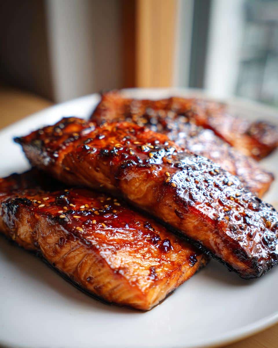 Easy Oven Baked Honey Garlic Salmon Recipe in 30 Minutes 3 Close-up of three glistening Oven Baked Honey Garlic Salmon fillets on a white plate, topped with sesame seeds.