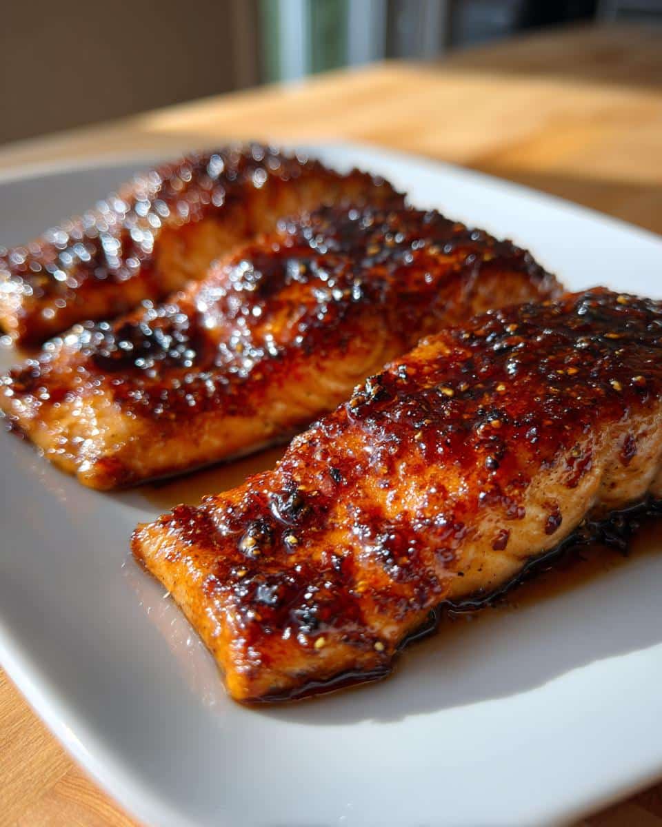 Easy Oven Baked Honey Garlic Salmon Recipe in 30 Minutes 4 Two glistening Oven Baked Honey Garlic Salmon fillets on a white rectangular plate, coated in a rich, dark glaze.