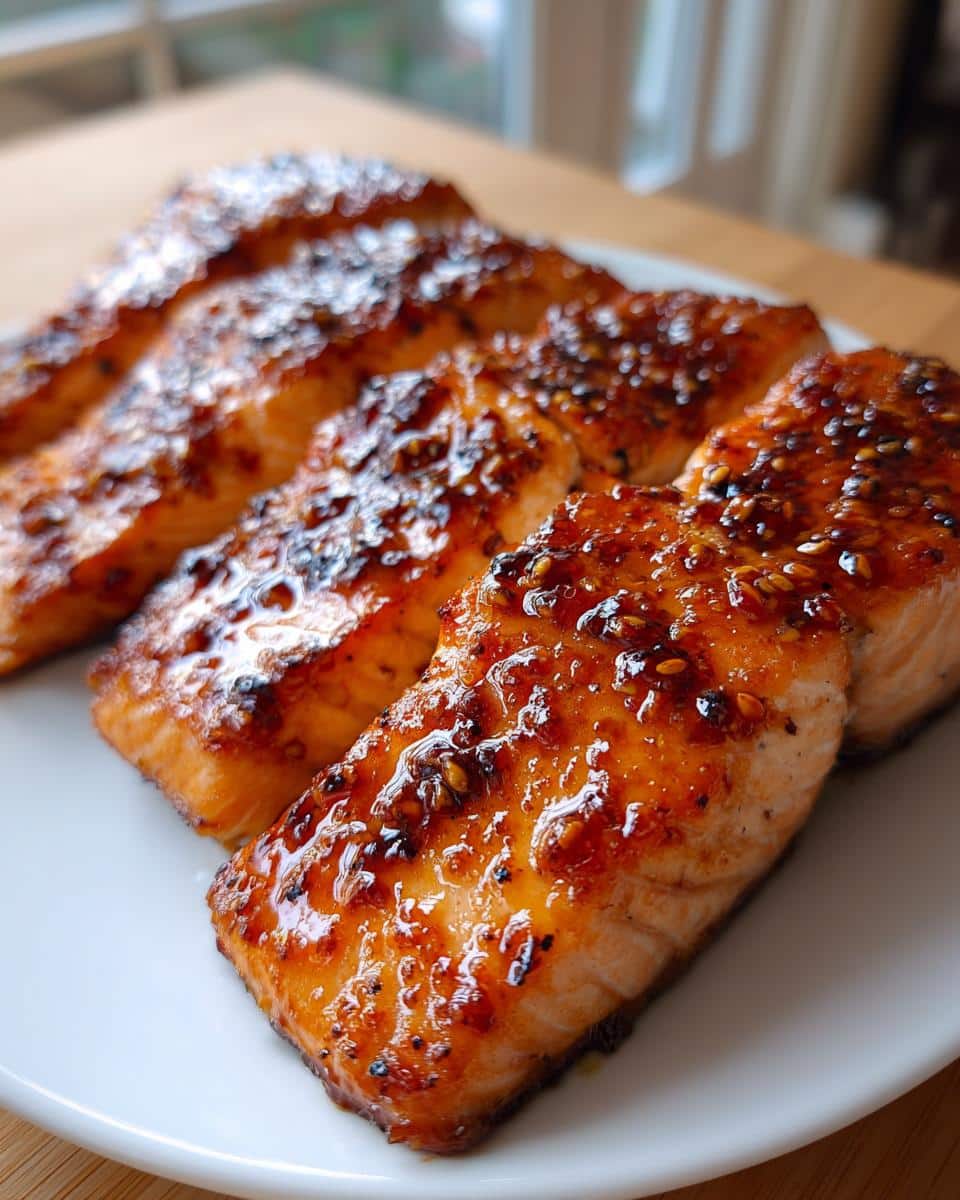 Easy Oven Baked Honey Garlic Salmon Recipe in 30 Minutes 5 Close-up of four glistening Oven Baked Honey Garlic Salmon fillets on a white plate, topped with sesame seeds.