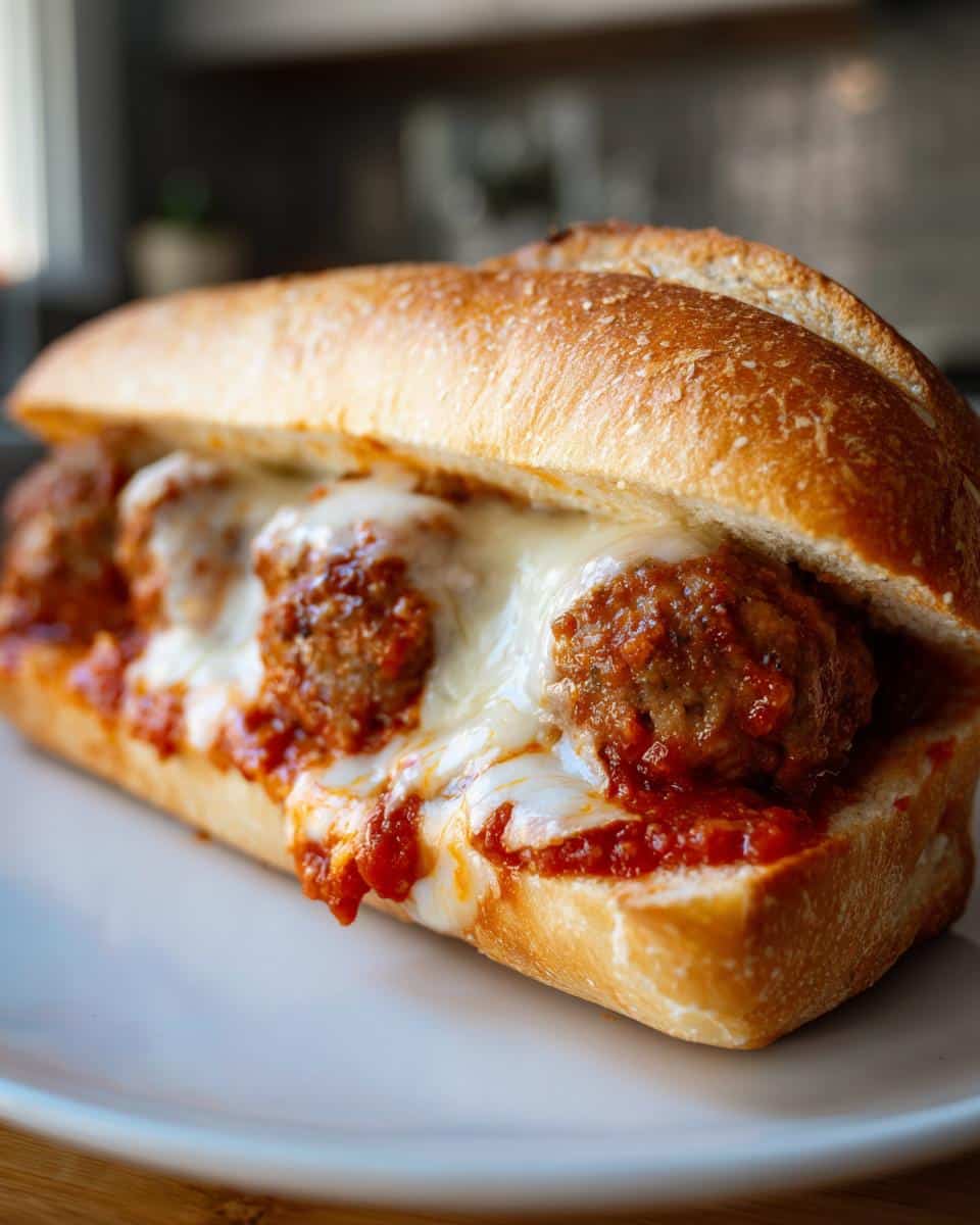 Close-up of a perfectly prepared Oven Baked Meatball Sub, featuring juicy meatballs, melted cheese, and rich marinara sauce in a toasted bun.