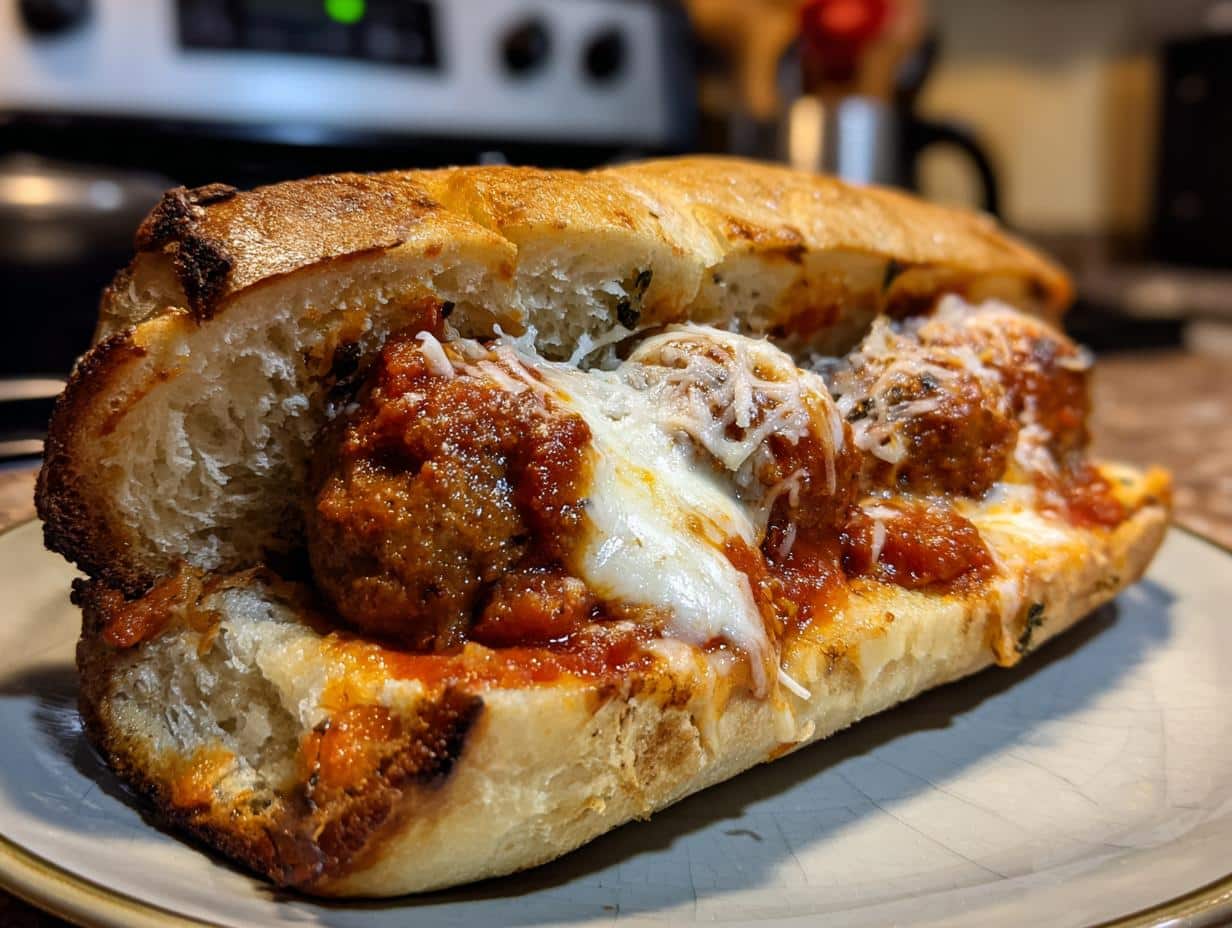 A close-up of a perfectly prepared Oven Baked Meatball Sub, featuring juicy meatballs, melted cheese, and rich marinara sauce.