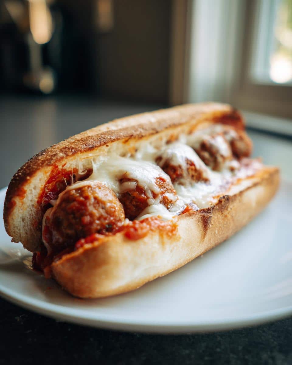 A delicious Oven Baked Meatball Sub on a white plate, filled with meatballs, marinara sauce, and melted mozzarella cheese.