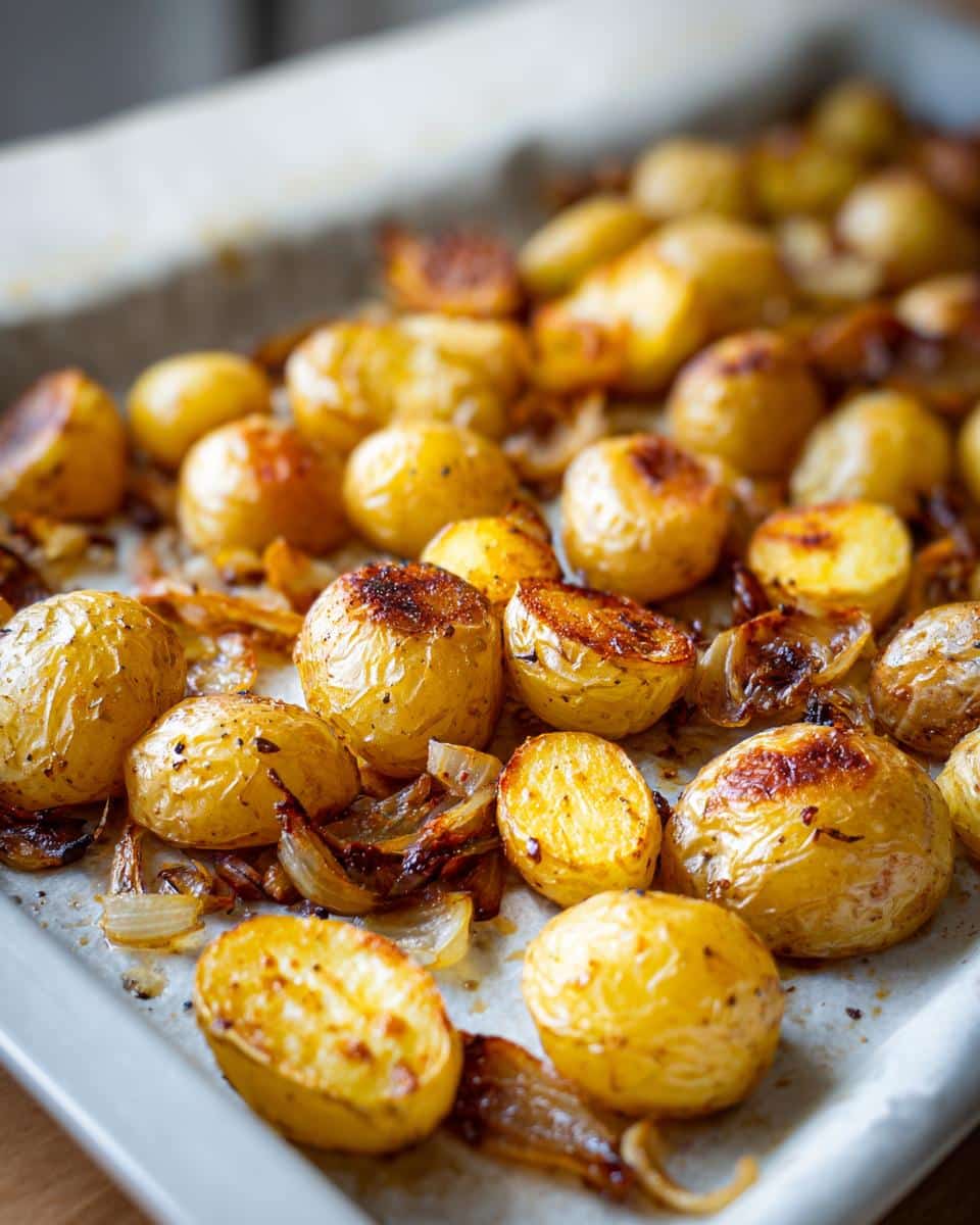 Close-up of golden brown Oven Roasted Potatoes and Onions on a parchment-lined baking sheet, showing crispy edges.