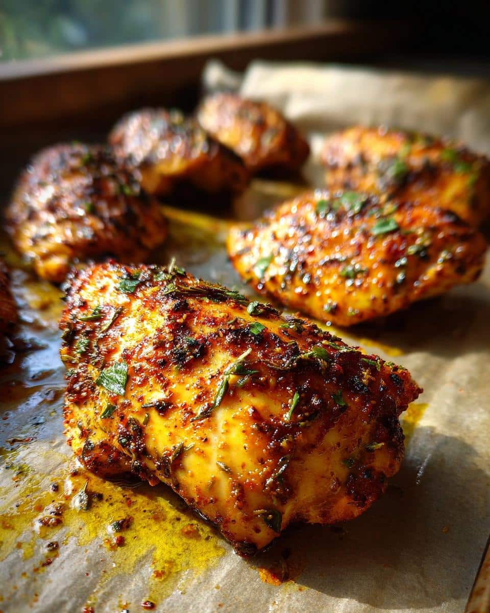 Close-up of golden brown Paprika Herb Roasted Chicken Breast on parchment paper, seasoned with herbs and spices.
