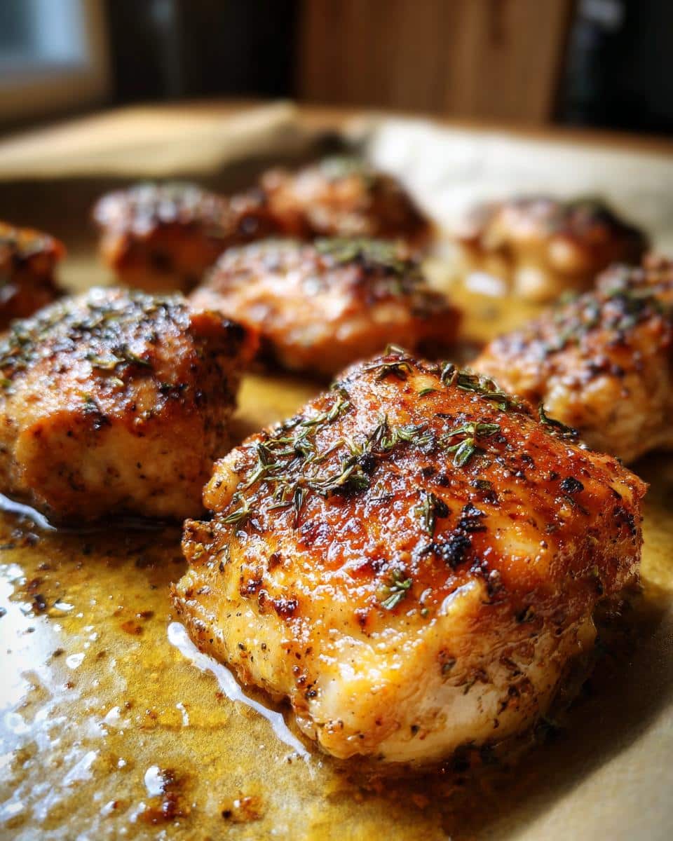 Close-up of golden brown Paprika Herb Roasted Chicken Breast pieces on a baking sheet, glistening with juices and herbs.