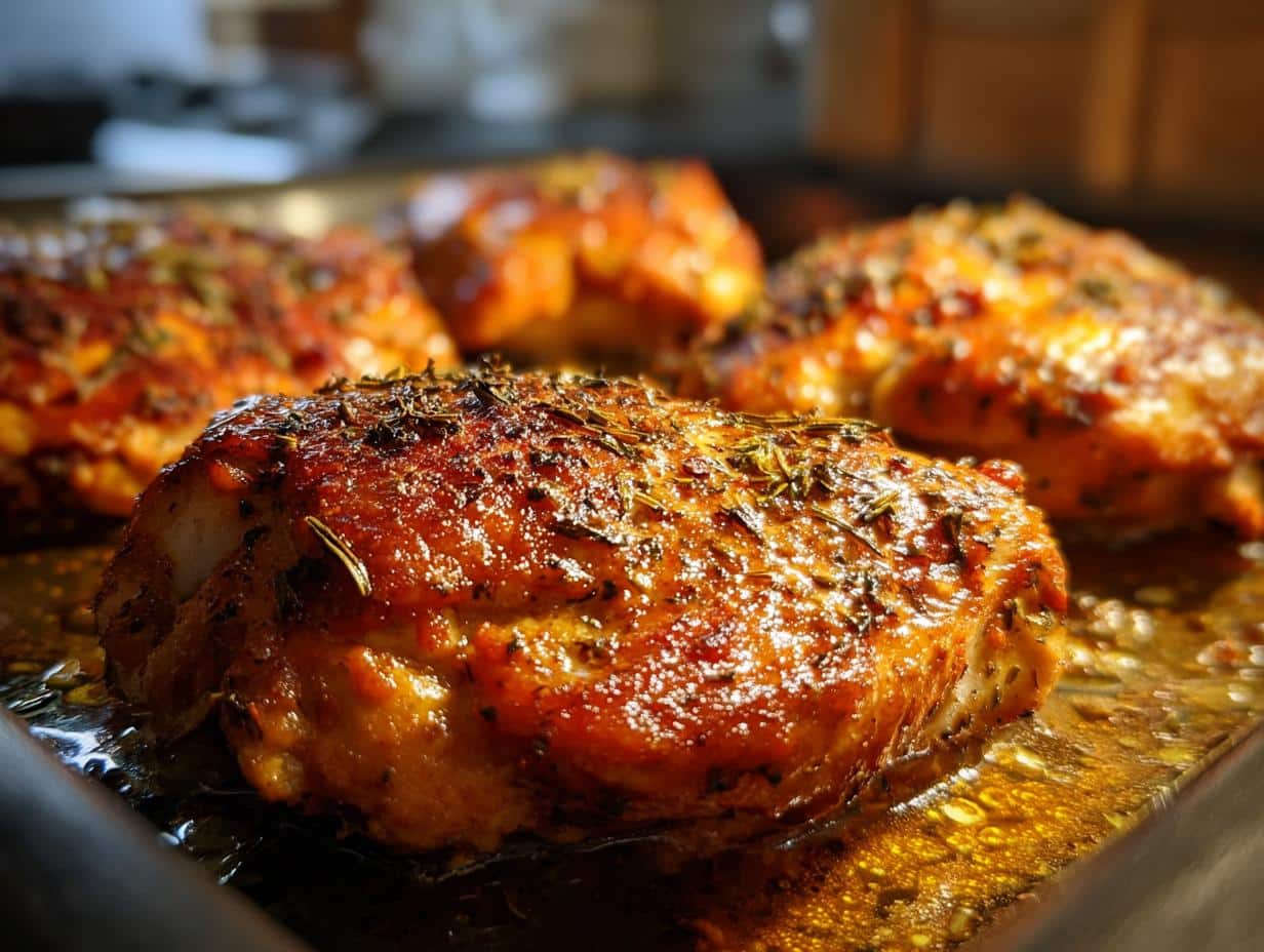 Close-up of golden brown Paprika Herb Roasted Chicken Breast on a baking sheet, glistening with juices and herbs.