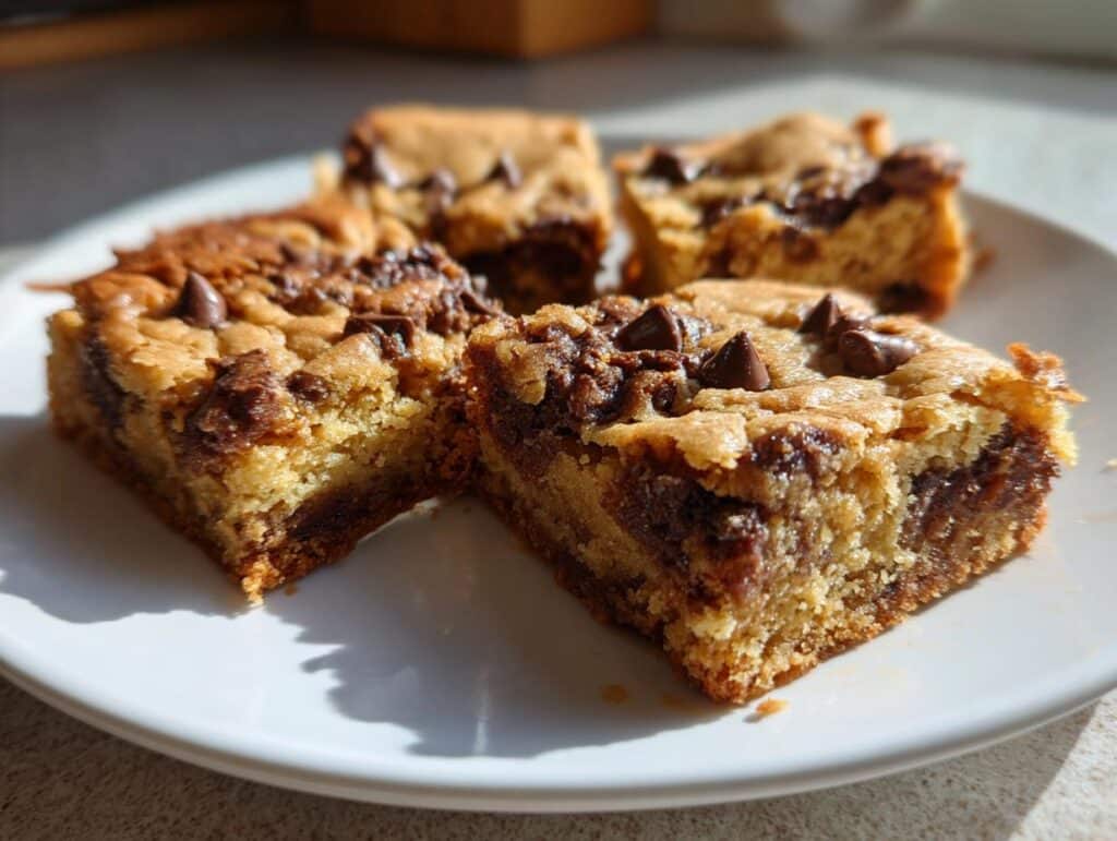A close-up of several golden brown Peanut Butter Chocolate Chip Blondies on a white plate, showing melted chocolate chips.