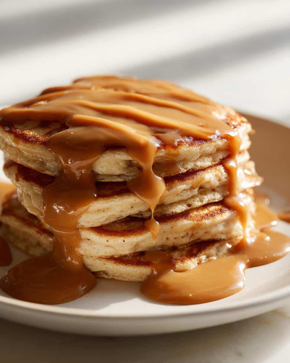 A tall stack of fluffy pancakes generously drizzled with thick, creamy Peanut Butter Drizzle, overflowing onto the plate.
