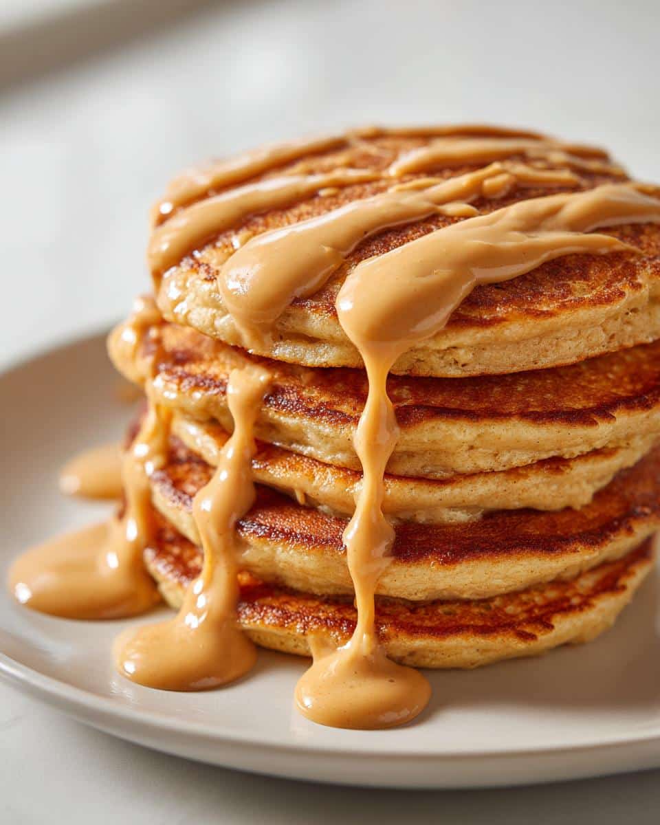 Close-up of a tall stack of golden brown pancakes generously drizzled with creamy Peanut Butter Drizzle Pancakes sauce, dripping down the sides.
