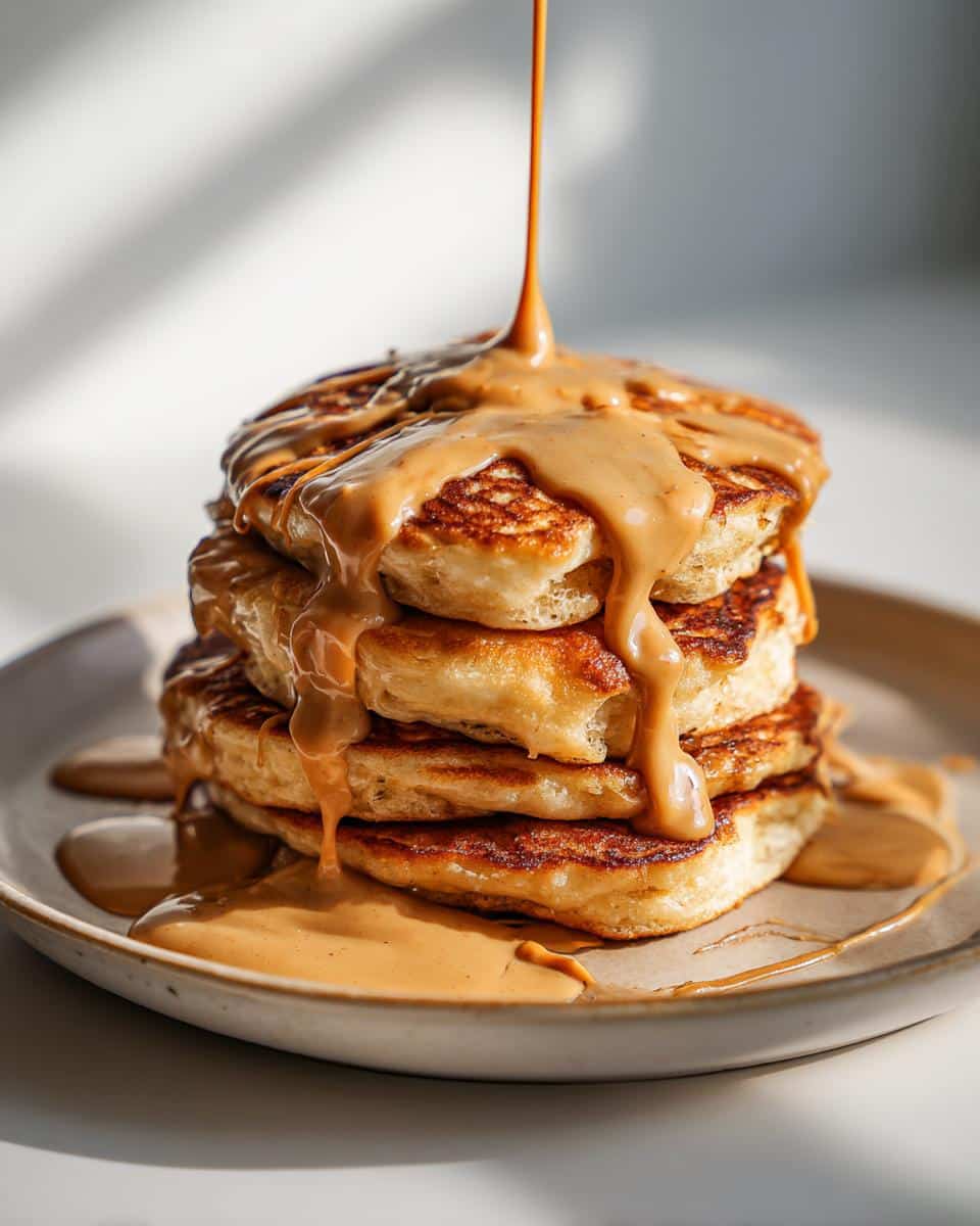 A stack of golden brown pancakes being generously drizzled with creamy peanut butter, creating Peanut Butter Drizzle Pancakes.