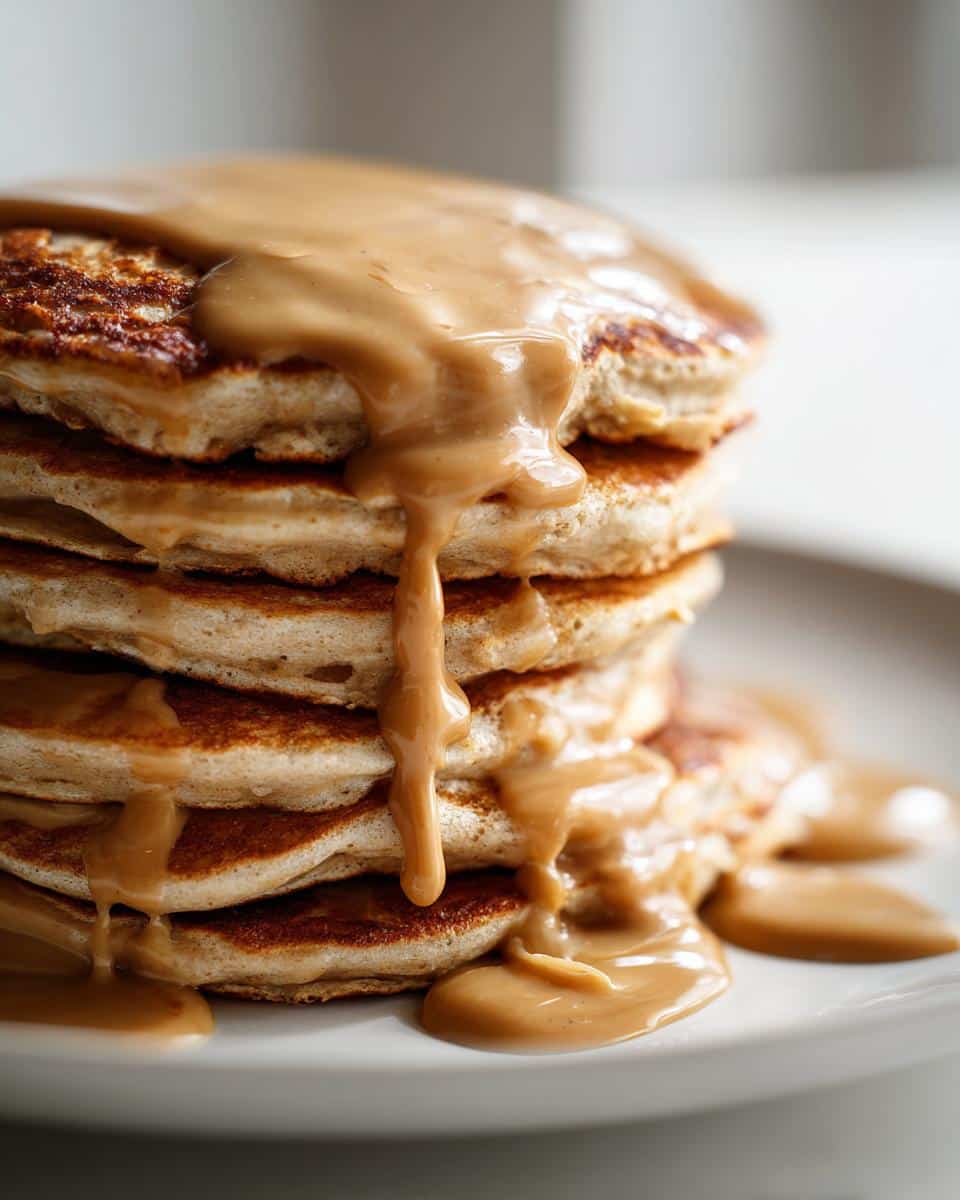 Close-up of a tall stack of fluffy pancakes generously covered in thick, creamy Peanut Butter Drizzle.