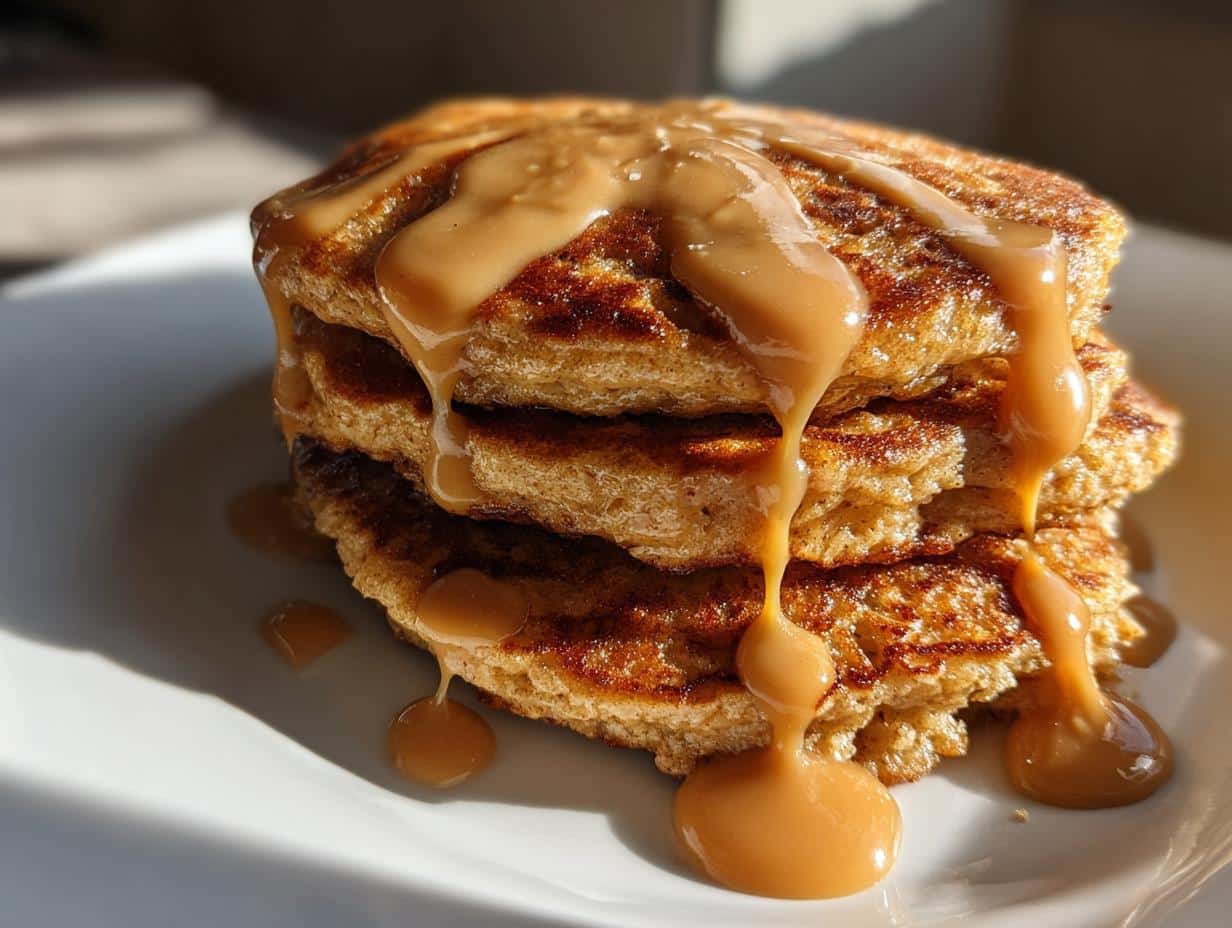 Close-up of a stack of fluffy pancakes generously drizzled with creamy Peanut Butter Drizzle.