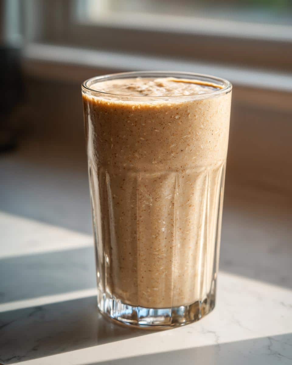 A tall glass filled with a creamy, light brown Peanut Butter Oat Smoothie, sitting on a sunlit counter.