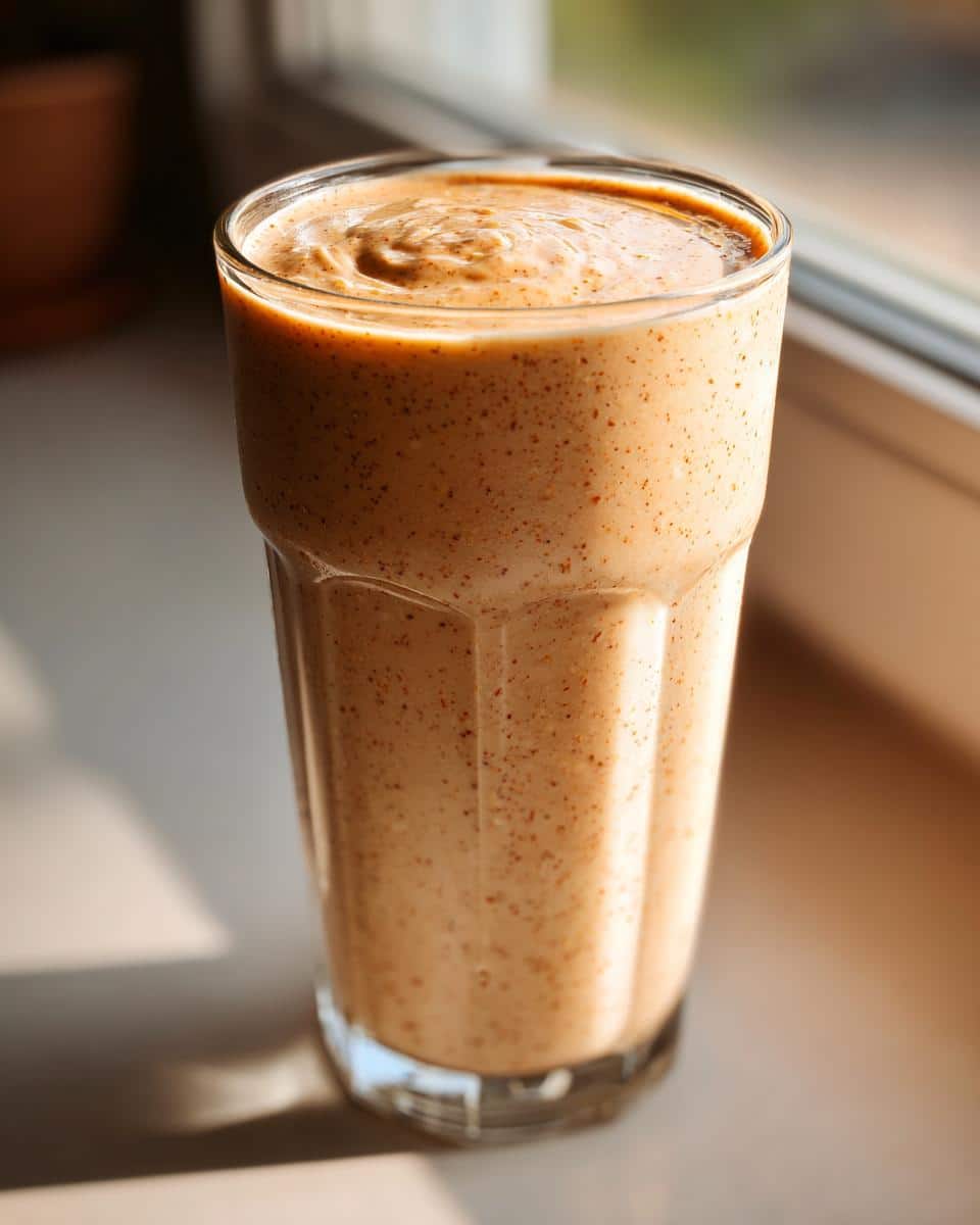 A tall glass filled with a creamy, light brown Peanut Butter Oat Smoothie, showing specks of oats.