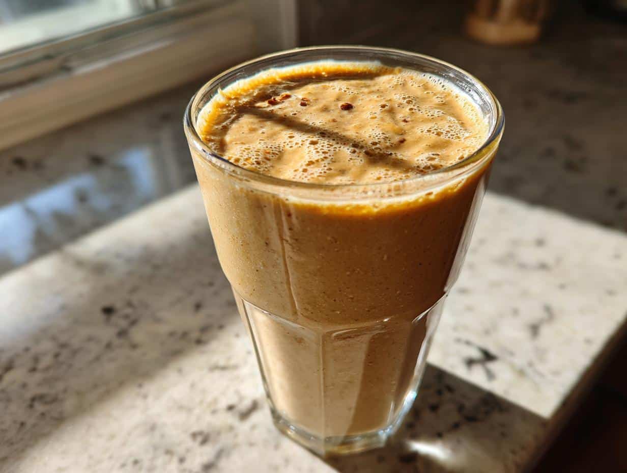 A tall glass filled with a creamy, light brown Peanut Butter Oat Smoothie, sitting on a speckled countertop with natural light.