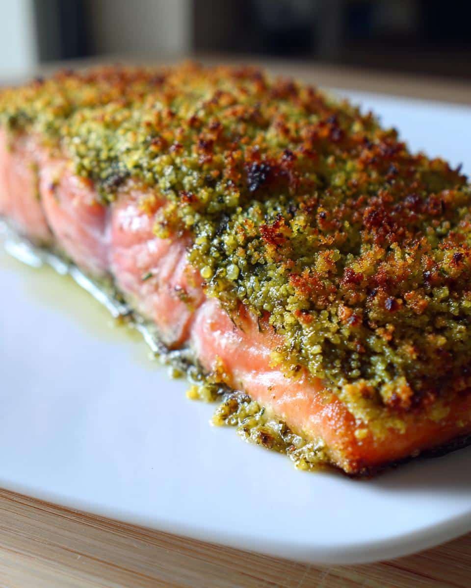 Close-up of a perfectly baked Pesto Crusted Salmon fillet on a white plate, showing the golden-brown crust.