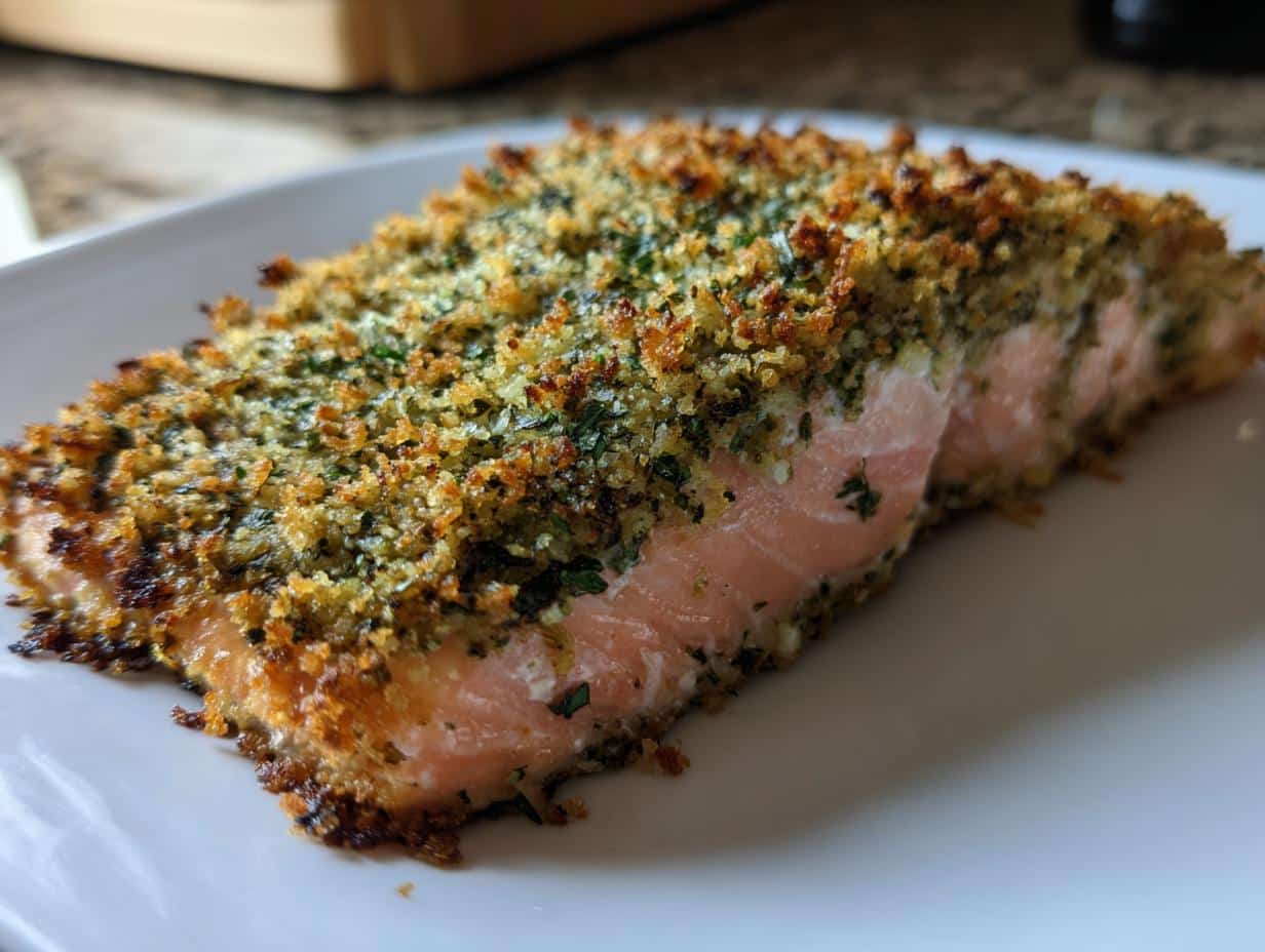 Close-up of a golden-brown Pesto Crusted Salmon fillet on a white plate, showing the crispy herb crust and flaky pink fish.