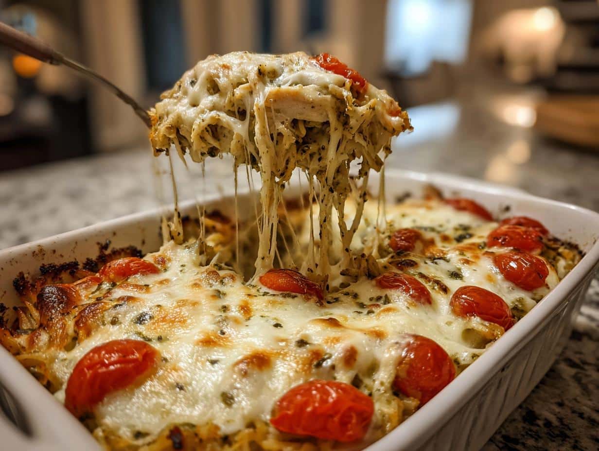A serving spoon lifting a cheesy portion of Pesto Mozzarella Chicken Casserole from a white baking dish, showing melted cheese pull and roasted cherry tomatoes on top.