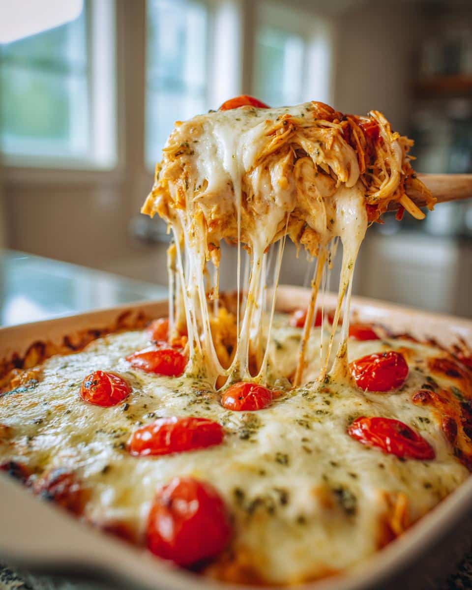 A wooden spoon lifting a gooey, cheesy scoop of Pesto Mozzarella Chicken Casserole from a baking dish, with cheese strings.