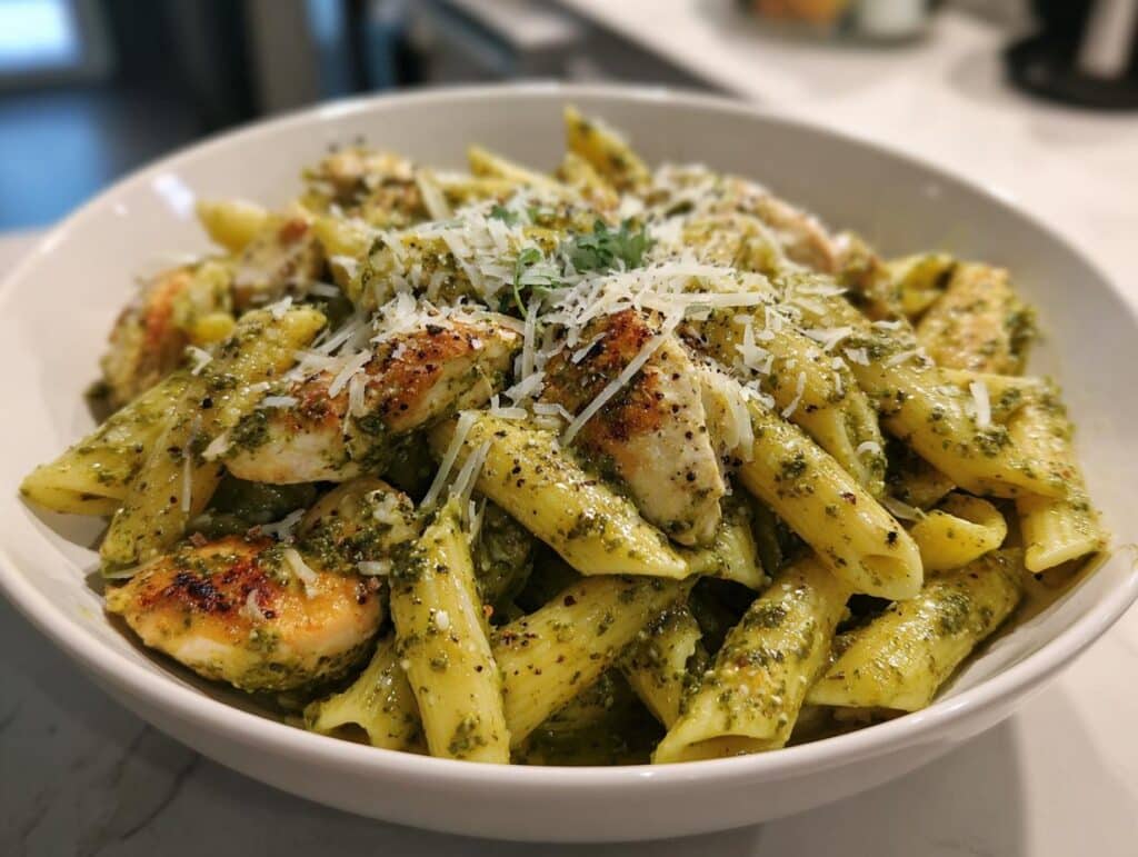 A close-up of a white bowl filled with Pesto Parmesan Chicken Pasta, garnished with fresh herbs and grated cheese.