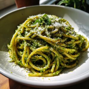 A close-up of a generous serving of Pesto Parmesan Pasta in a white bowl, garnished with fresh herbs and grated Parmesan cheese.