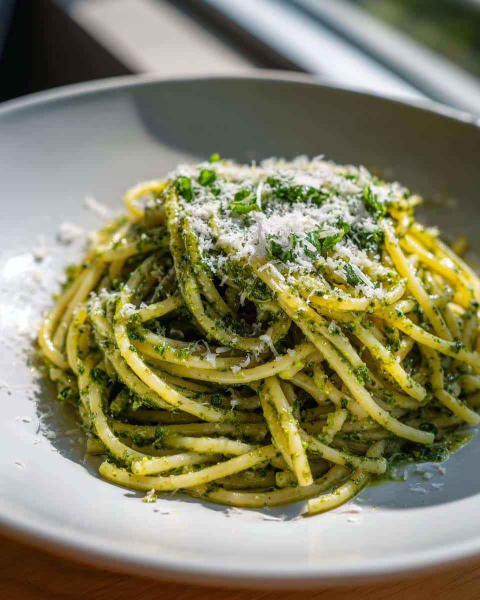 A close-up of a white bowl filled with Pesto Parmesan Pasta, garnished with fresh parsley and grated cheese.