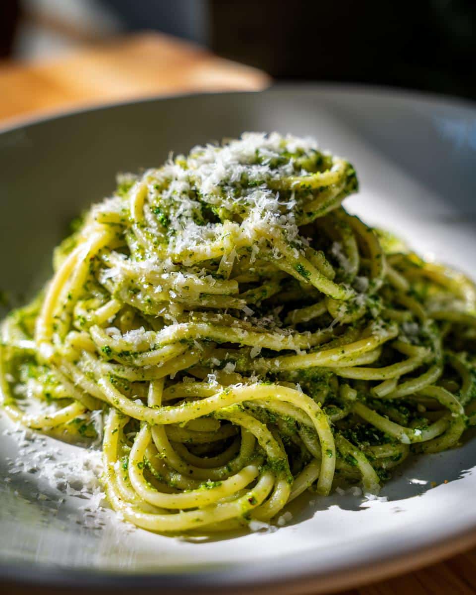 A close-up of a serving of Pesto Parmesan Pasta on a white plate, generously topped with grated Parmesan cheese.