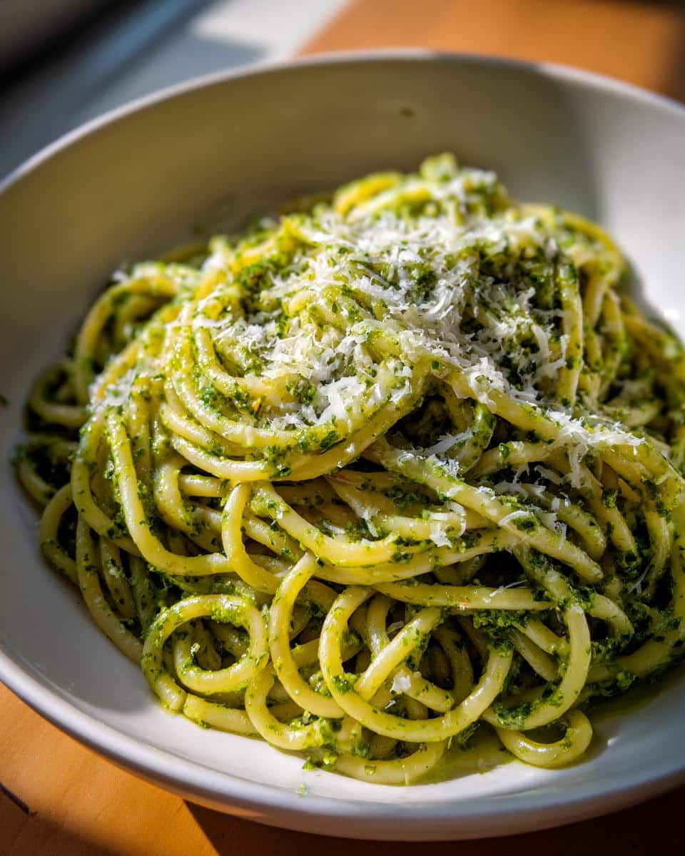 A close-up shot of a white bowl filled with Pesto Parmesan Pasta, generously topped with grated Parmesan cheese.