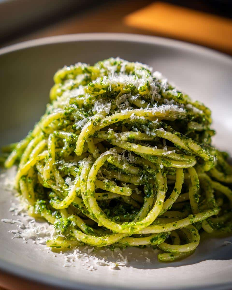 A close-up shot of a plate of Pesto Parmesan Pasta, generously coated in green pesto and topped with grated Parmesan cheese.