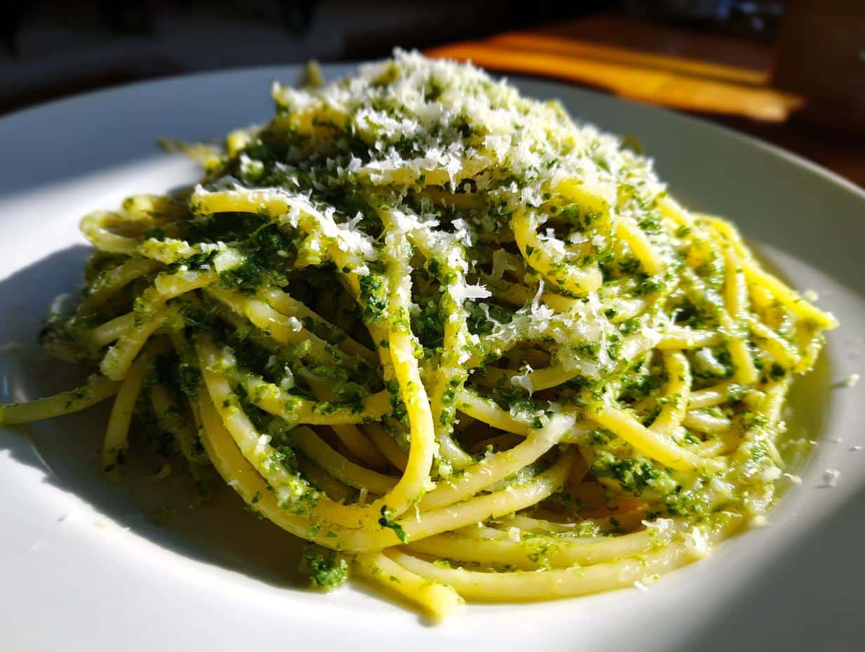 A close-up shot of Pesto Parmesan Pasta on a white plate, generously topped with freshly grated Parmesan cheese.