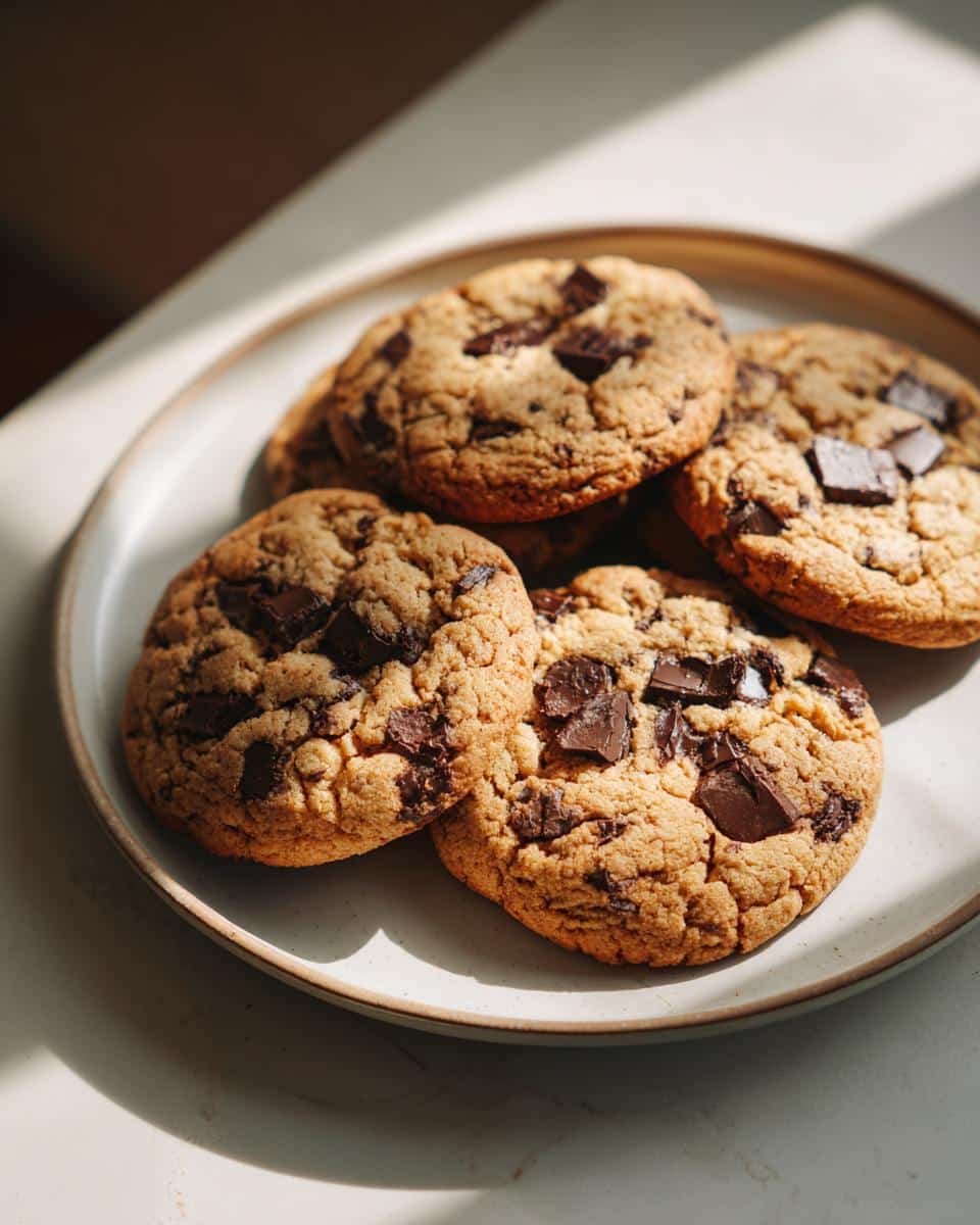 A plate filled with freshly baked, golden-brown Quick and Easy Chocolate Chip Cookies, featuring melted chocolate chunks.