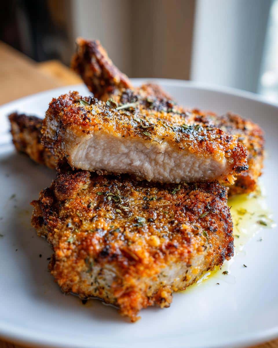 Close-up of golden-brown Ranch Coated Pork Chops, one sliced to show juicy interior, garnished with herbs.