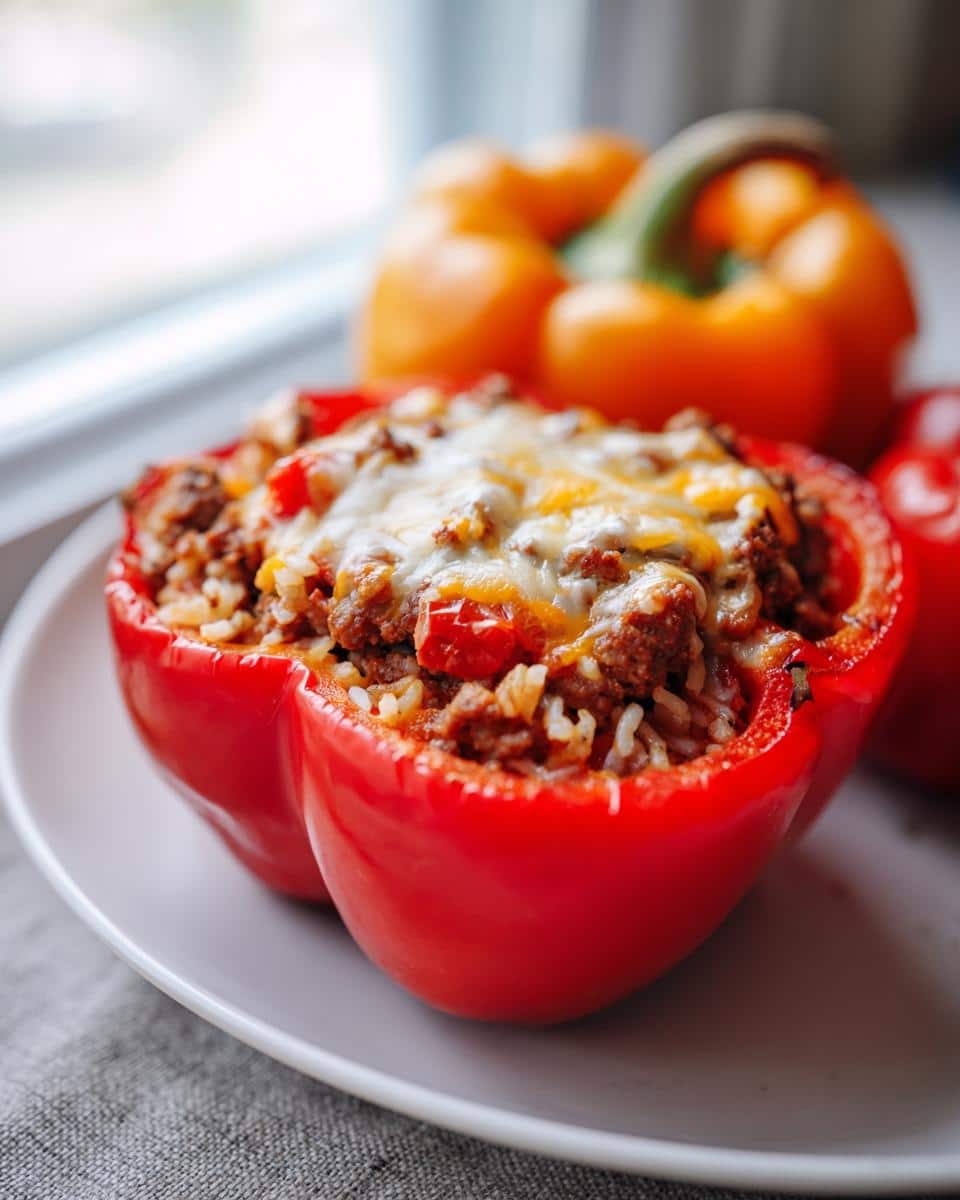 Easy Stuffed Peppers with Ground Beef in 45 Minutes 2 A vibrant red bell pepper stuffed with ground beef, rice, and melted cheese, on a white plate. Stuffed Peppers with Ground Beef.