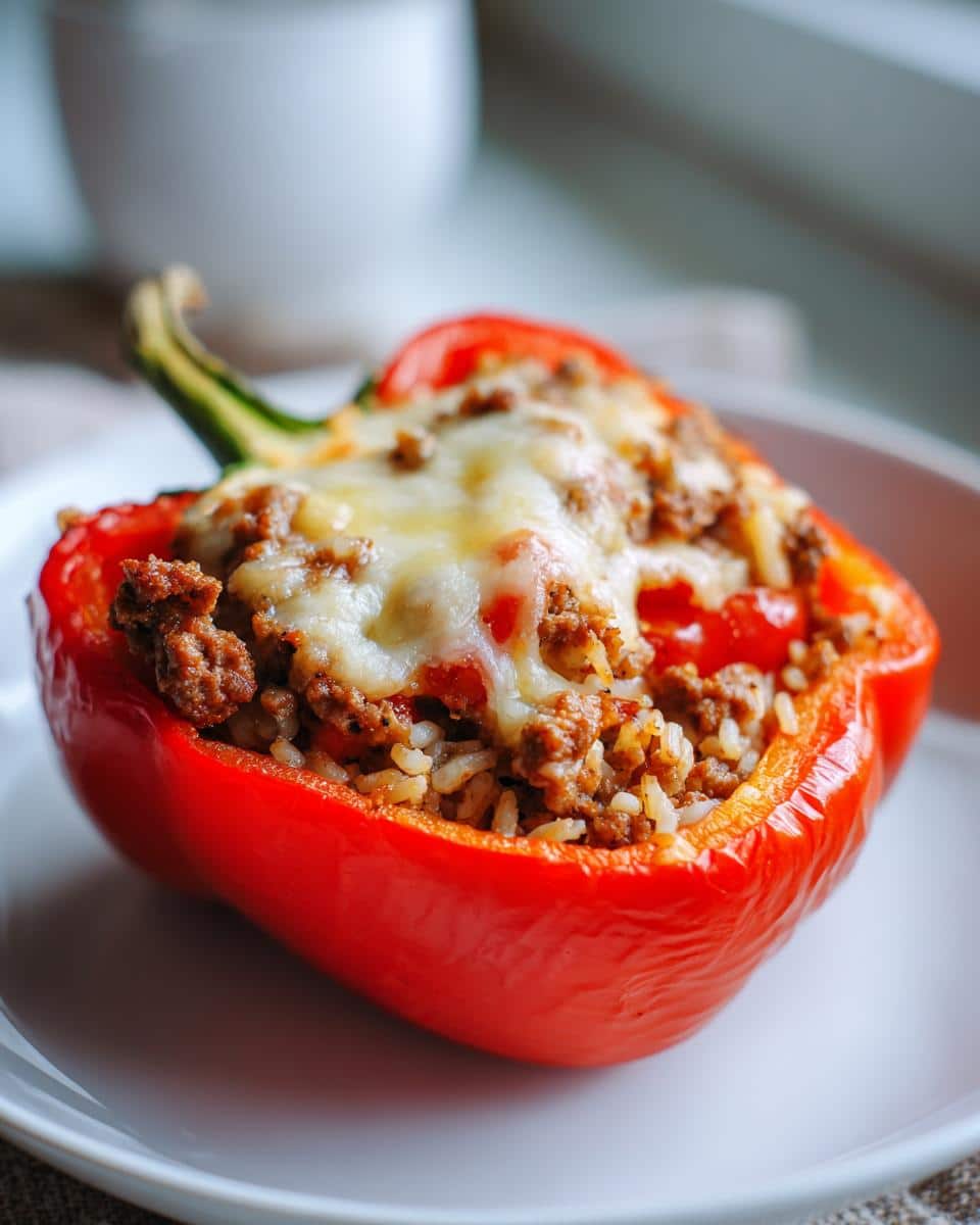 Easy Stuffed Peppers with Ground Beef in 45 Minutes 3 Close-up of a vibrant red bell pepper stuffed with ground beef, rice, and topped with melted cheese.
