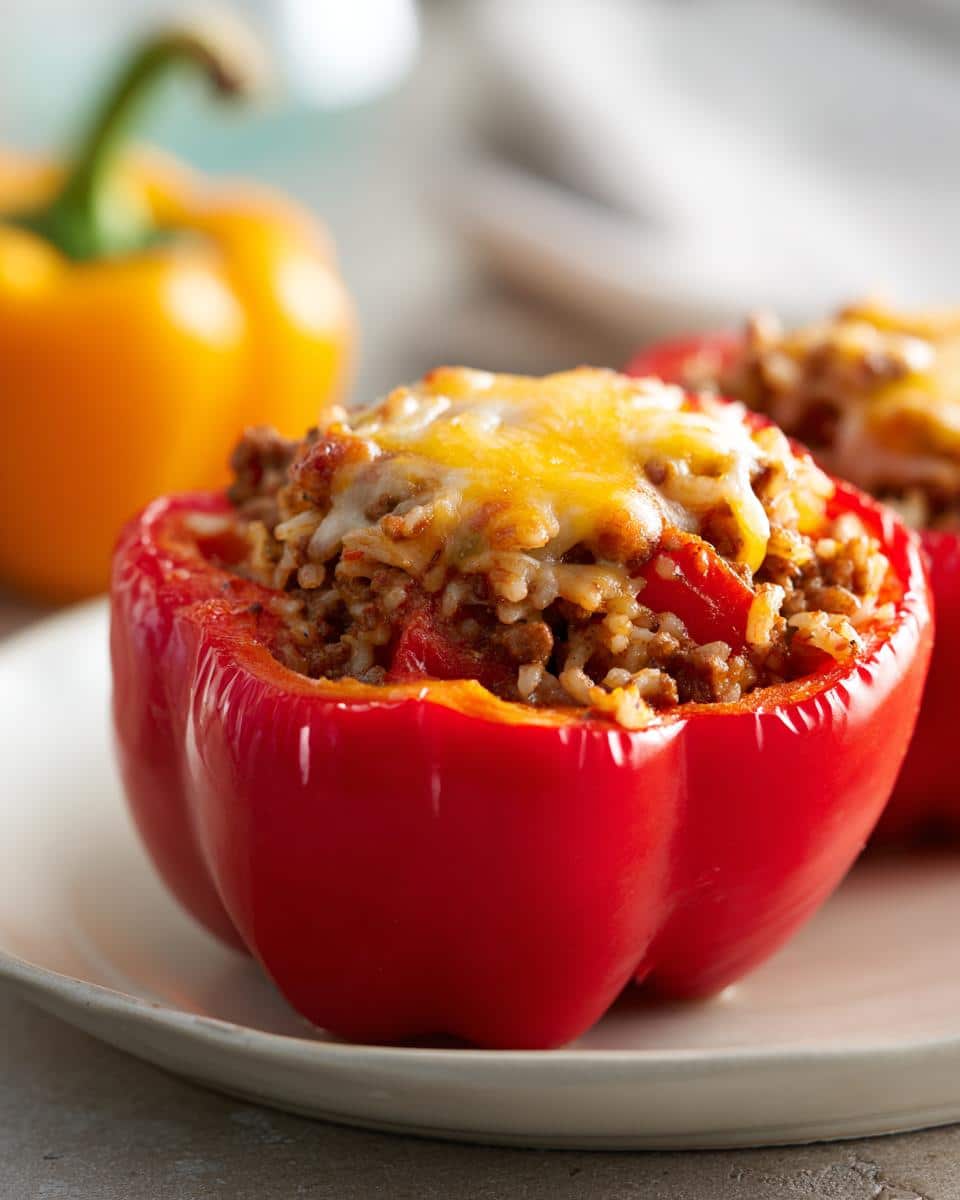 Easy Stuffed Peppers with Ground Beef in 45 Minutes 5 Close-up of a red bell pepper stuffed with ground beef, rice, and topped with melted cheese, on a white plate.
