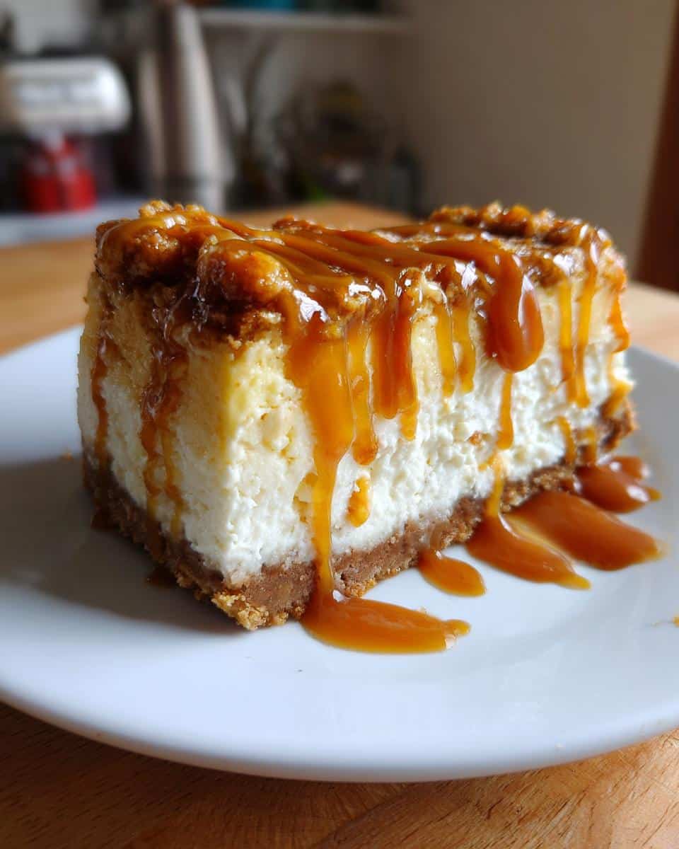 A close-up shot of a single slice of Salted Caramel Cheesecake on a white plate, with rich caramel sauce dripping down its sides.
