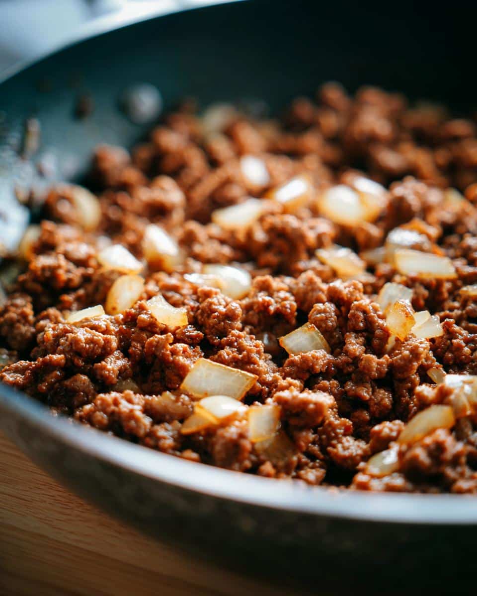 Close-up of browned ground beef and diced onions cooking in a skillet, ready for a One Pot Ground Beef Skillet.